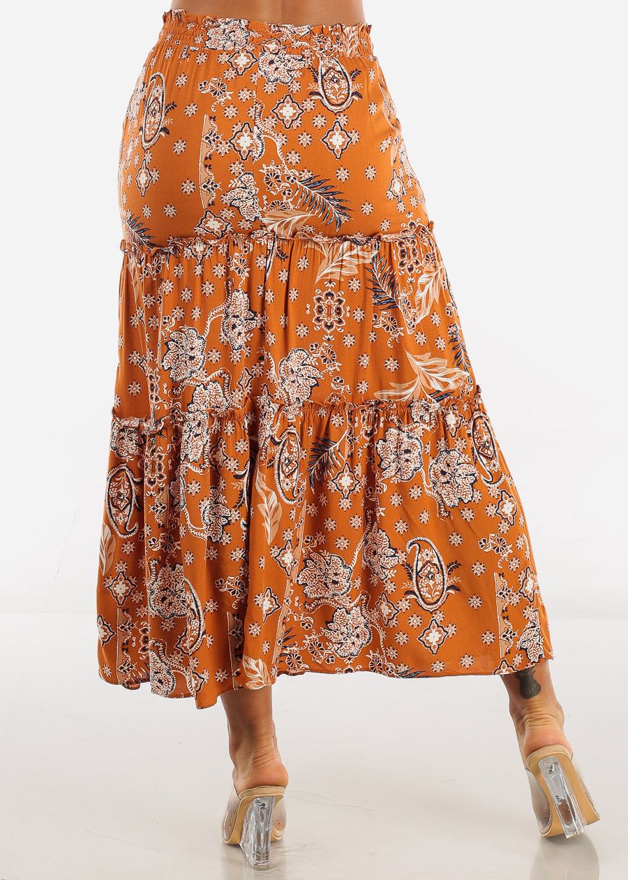 Floral Smocked Waist Tiered Maxi Skirt Rust sold by Moda product image thumbnail 4