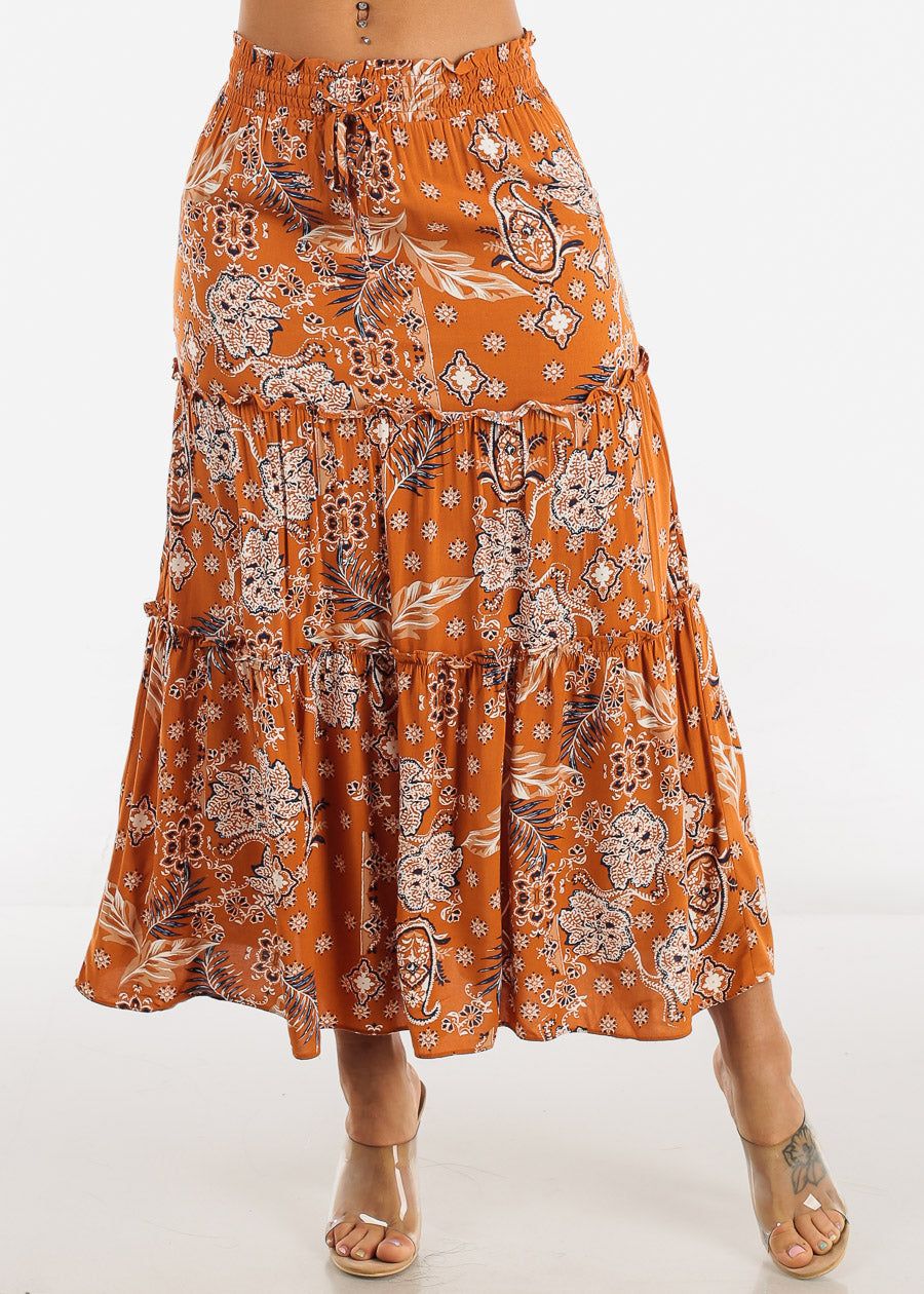 Floral Smocked Waist Tiered Maxi Skirt Rust sold by Moda