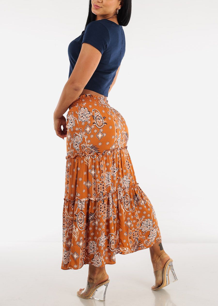 Floral Smocked Waist Tiered Maxi Skirt Rust sold by Moda product image thumbnail 5