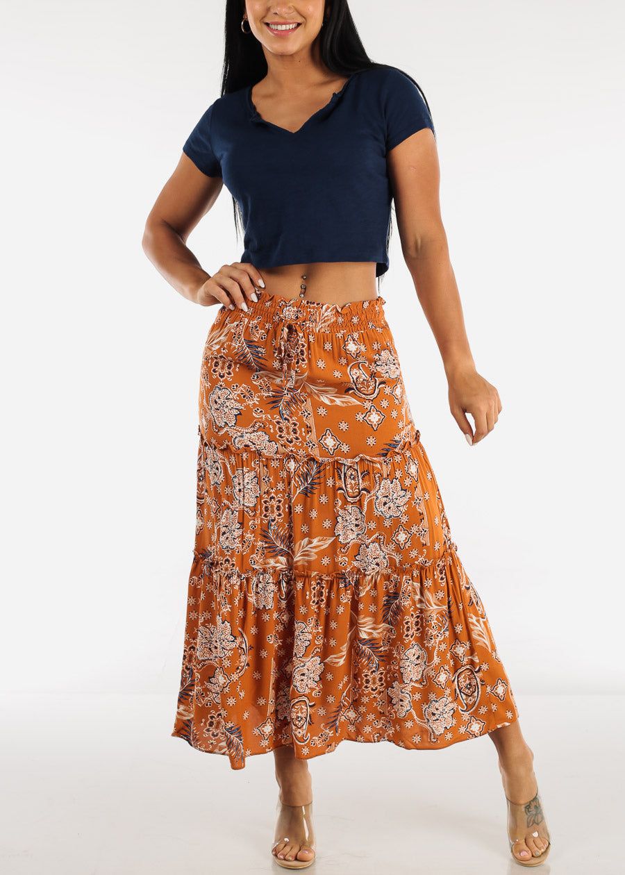Floral Smocked Waist Tiered Maxi Skirt Rust sold by Moda product image thumbnail 2