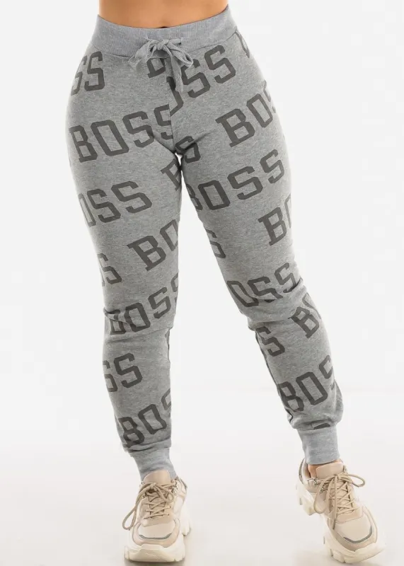 Fleece Drawstring Waist Jogger Sweatpants Grey "Boss" sold by Moda