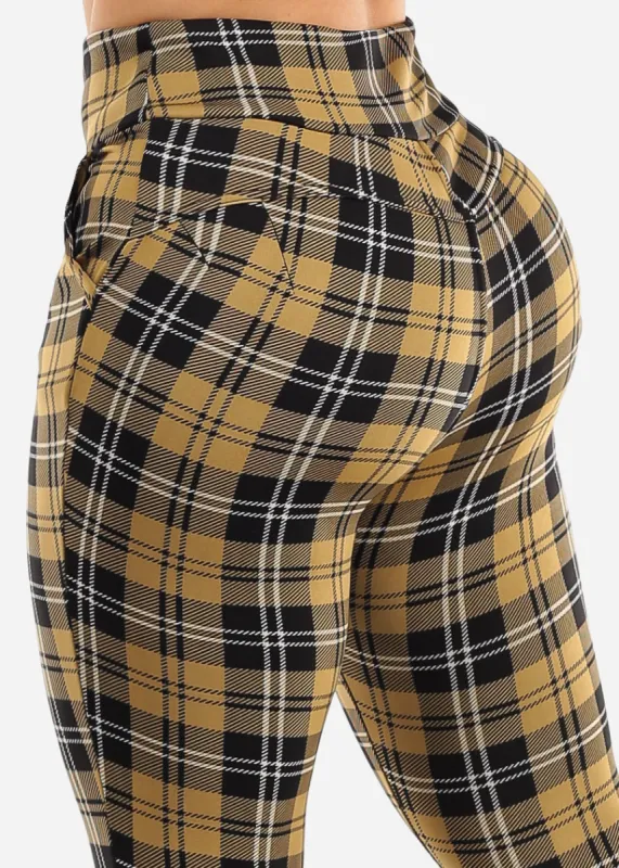 High Rise Butt Lift Plaid Skinny Pants Mustard sold by Moda