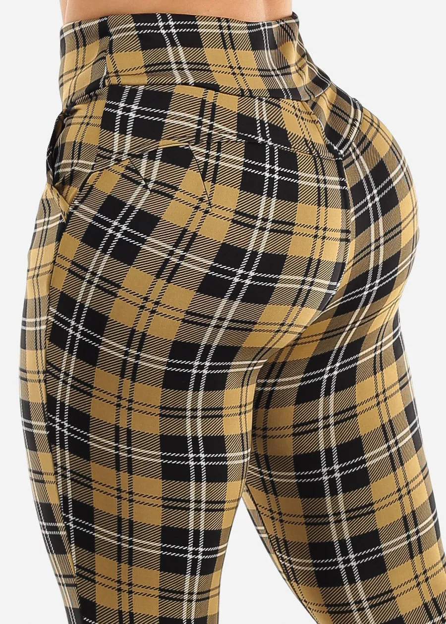 High Rise Butt Lift Plaid Skinny Pants Mustard sold by Moda