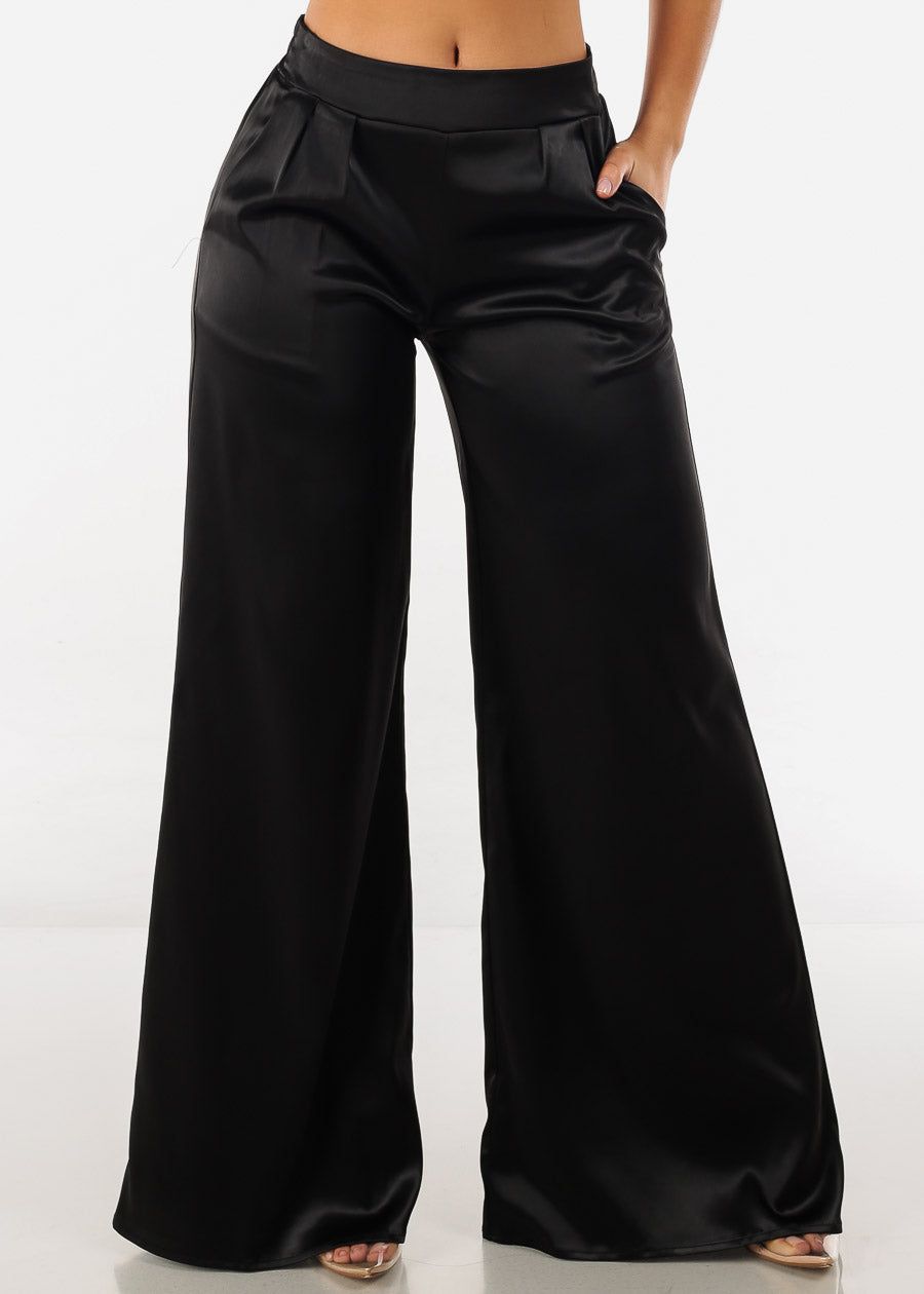 Black High Waisted Wide Legged Satin Pants sold by Moda