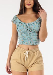 Off Shoulder Lace Up Floral Ruched Crop Top Light Blue sold by Moda