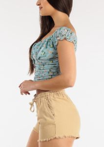Off Shoulder Lace Up Floral Ruched Crop Top Light Blue sold by Moda