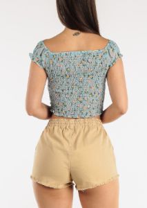 Off Shoulder Lace Up Floral Ruched Crop Top Light Blue sold by Moda