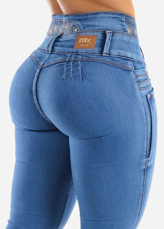 MX JEANS High Waisted Butt Lifting 4 Button Skinny Jeans sold by Moda