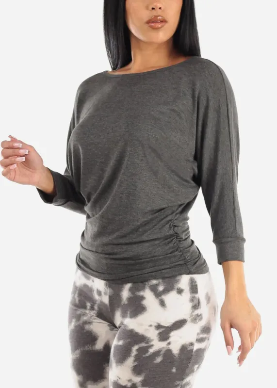 Dolman Sleeve Ruched Sides Tunic Top Charcoal sold by Moda