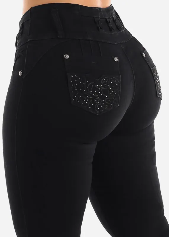 MX JEANS Black Butt Lift Jeans with Rhinestone Pockets sold by Moda