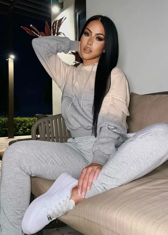 Long Sleeve Fleece Ombre Pullover Hoodie Beige & Grey sold by Moda