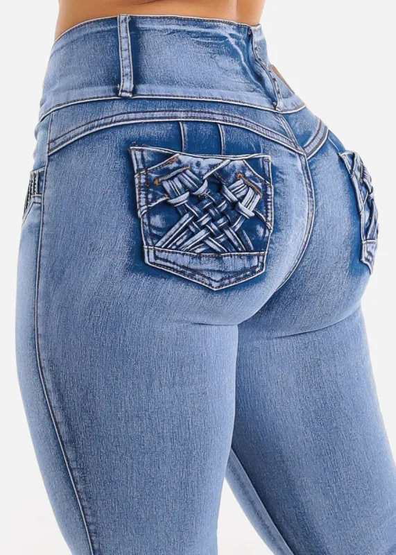 MX JEANS Levanta Cola Mid Rise Blue Skinny Jeans sold by Moda