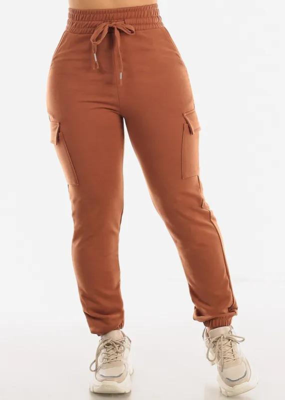 Drawstring Waist French Terry Cargo Jogger Pants Brown sold by Moda