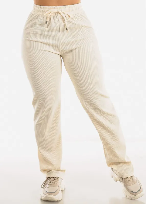 High Drawstring Waist Rib Knit Straight Leg Pants Cream sold by Moda