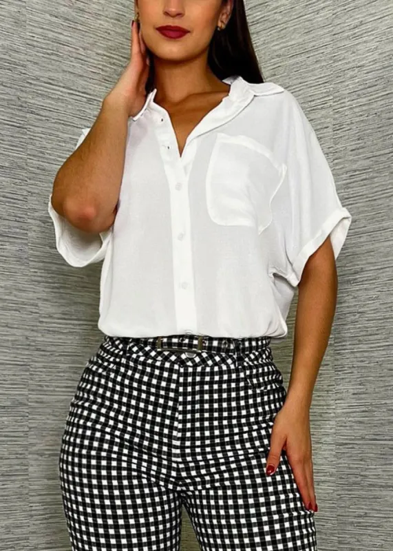 White Short Sleeve Relaxed Fit Button Up Shirt sold by Moda