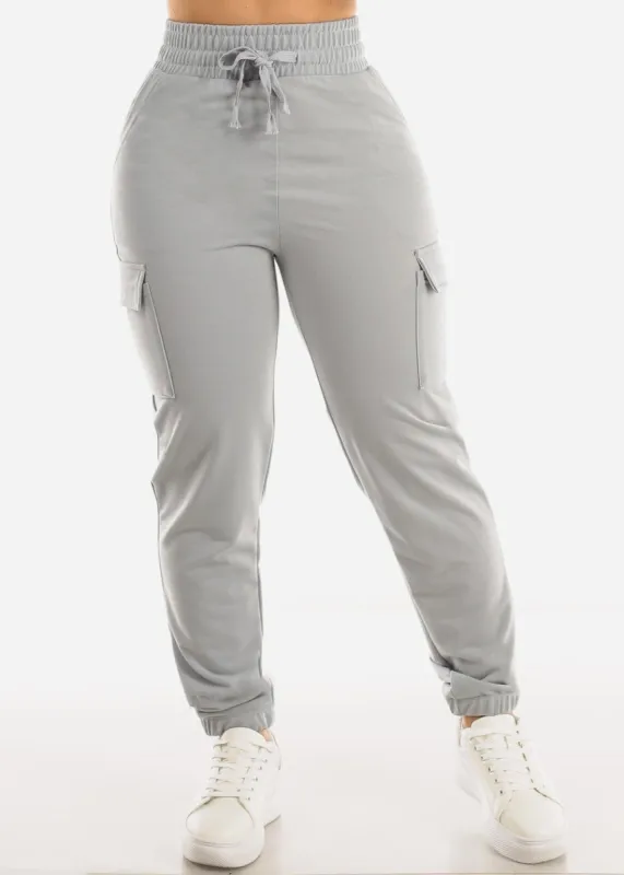 Drawstring Waist French Terry Cargo Jogger Pants Light Grey sold by Moda