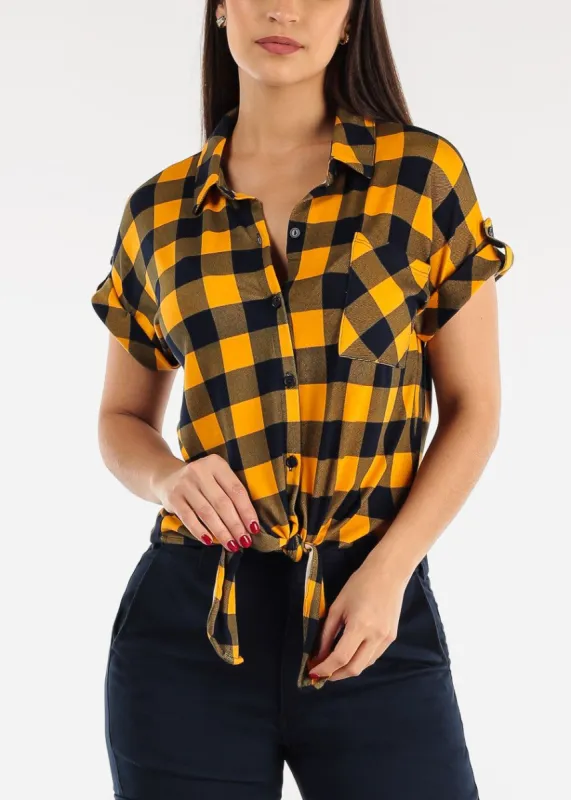 Short Sleeve Tie Front Button Up Plaid Shirt Mustard & Navy sold by Moda
