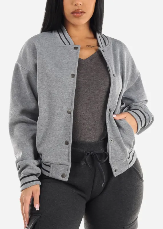 Long Sleeve Varsity Fleece Bomber Jacket Grey sold by Moda