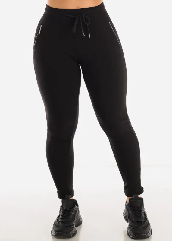 High Drawstring Waist Black Cuffed Skinny Pants sold by Moda