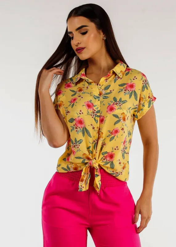 Tie Front Button Up Chiffon Floral Blouse Yellow sold by Moda