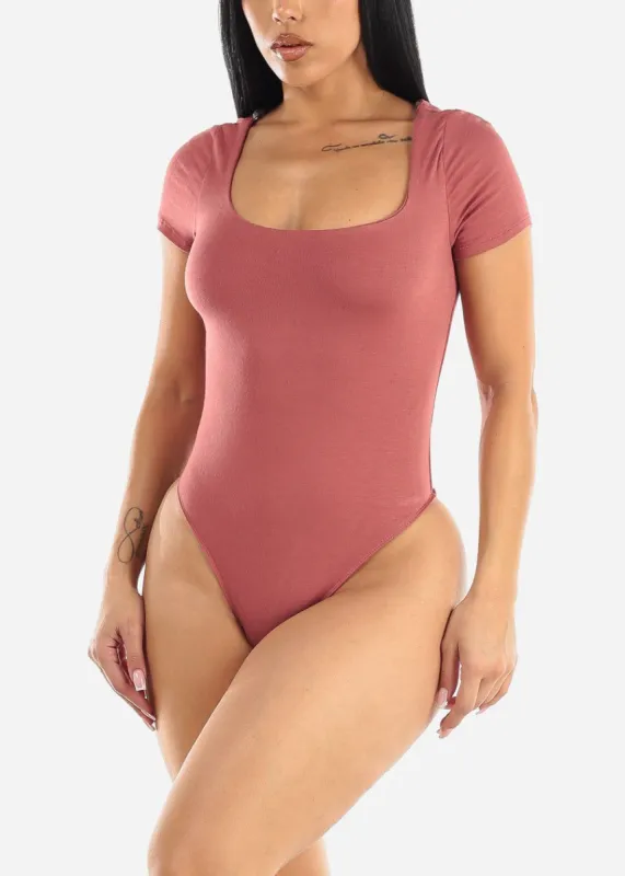 Short Sleeve Scoop Neck Double Layered Bodysuit Mauve sold by Moda