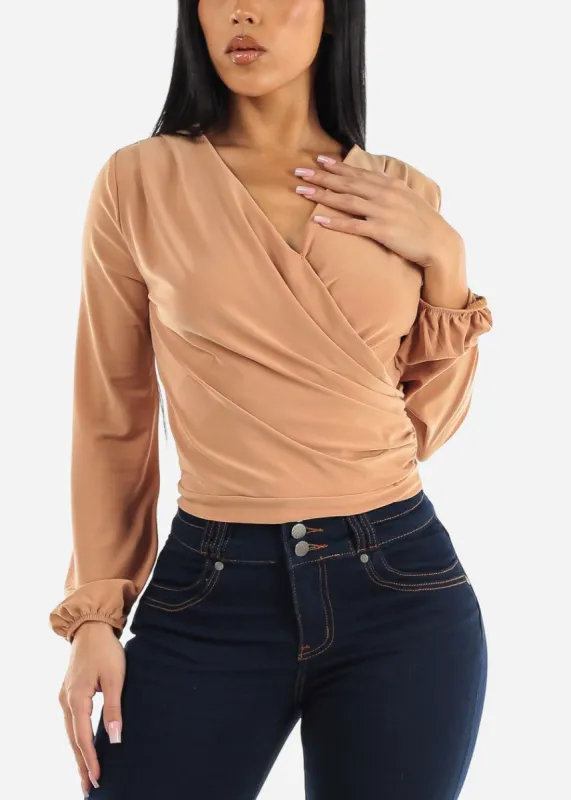 Surplice Long Sleeve Dressy Blouse Khaki sold by Moda