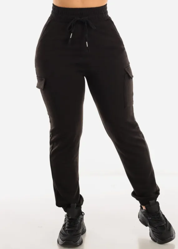 Black Drawstring Waist French Terry Cargo Jogger Pants sold by Moda