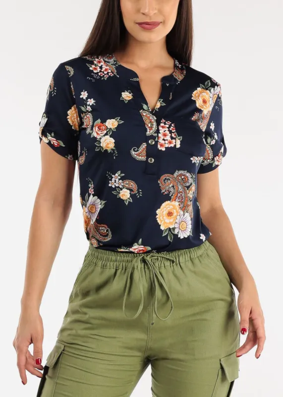 Short Sleeve Half Button Up Floral Blouse Navy sold by Moda