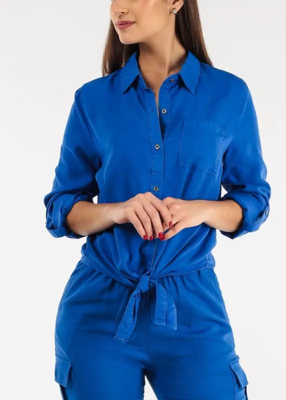 Relaxed Tie Front Collared Royal Blue sold by Moda