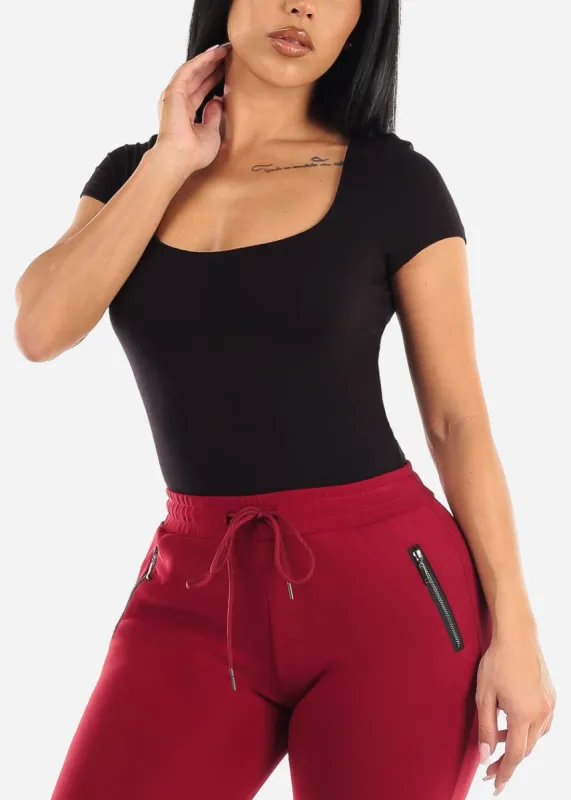 Short Sleeve Scoop Neck Double Layered Black Bodysuit sold by Moda