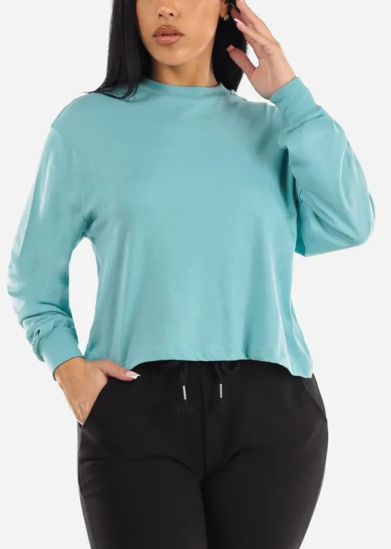 Long Sleeve Crewneck Cropped Sweatshirt Aqua sold by Moda