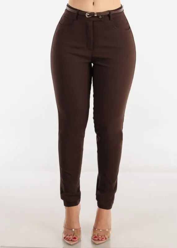 Brown High Waist Dressy Skinny Pants with Belt sold by Moda