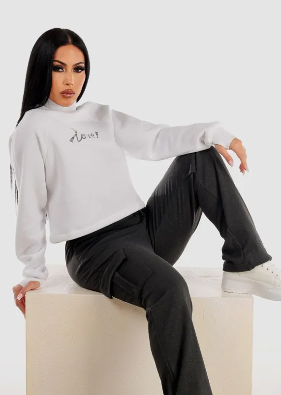 White Long Sleeve Mock Neck Fleece Pullover "Love" sold by Moda