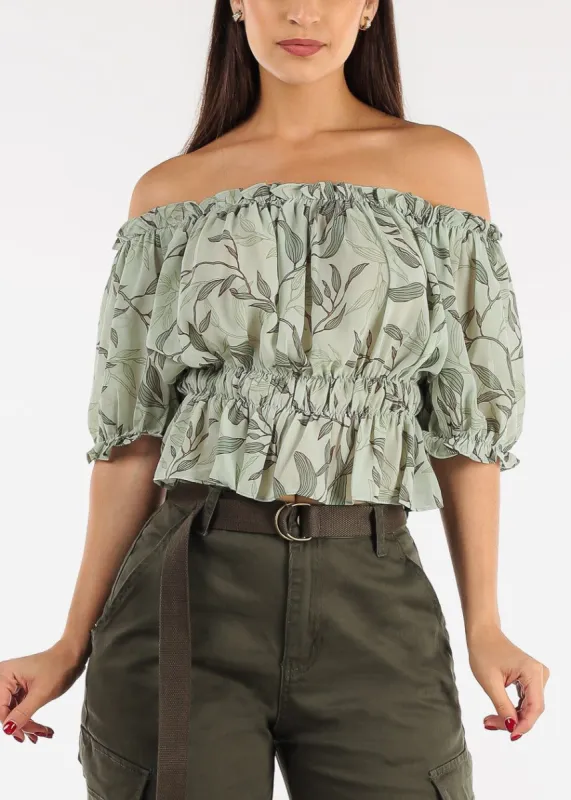 Floral Off Shoulder Elastic Waist Chiffon Crop Top Mint sold by Moda