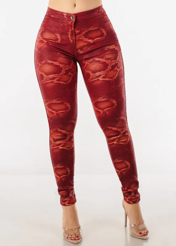High Waisted Snake Print Skinny Pants Red sold by Moda