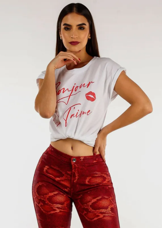 Cap Sleeve White Graphic Tee "Bonjour Je T'aime" sold by Moda