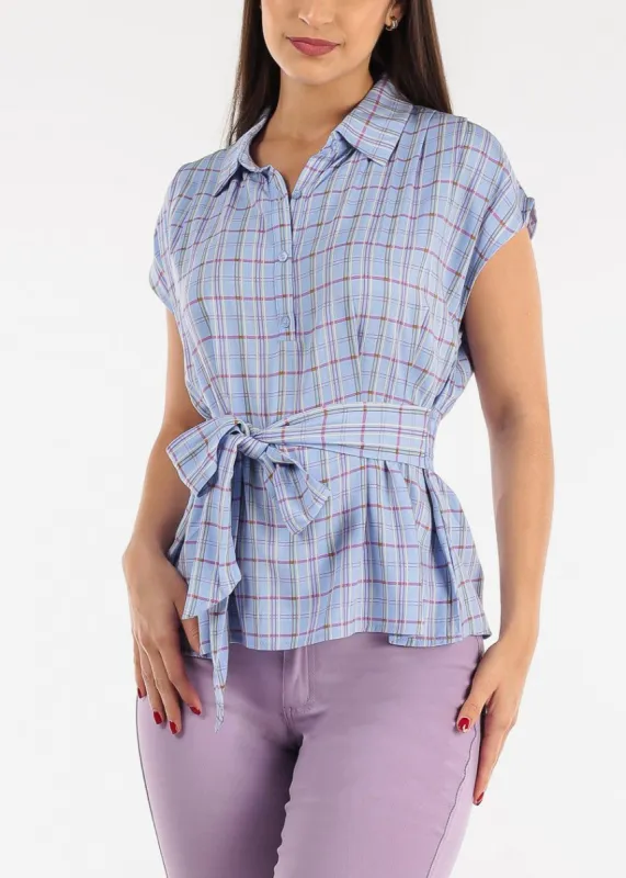 Plaid Half Button Up Collared Top w Belt sold by Moda