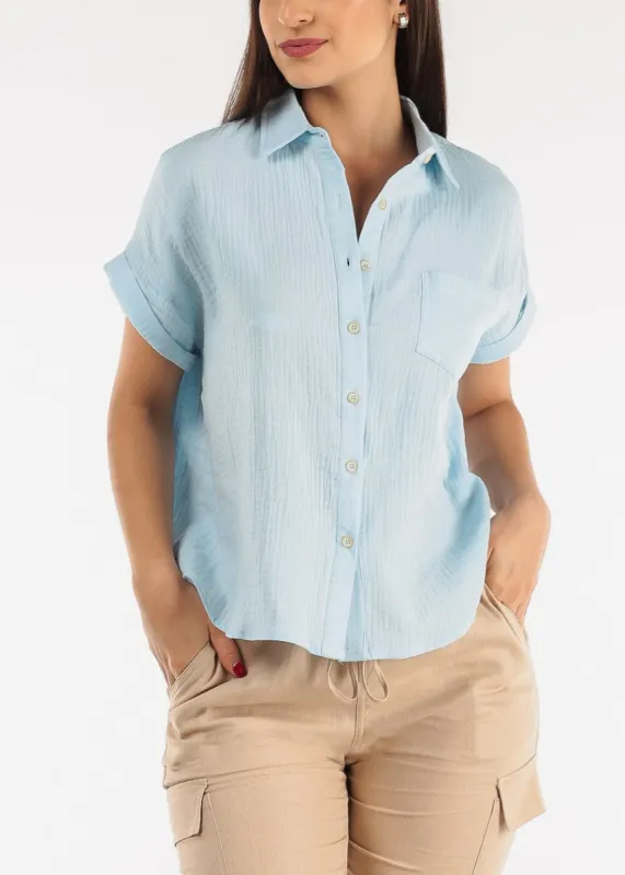 Cotton Cap Sleeve Button Up Shirt Light Blue sold by Moda