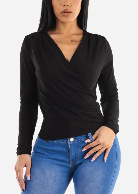 Ribbed Long Sleeve Black Surplice Blouse sold by Moda