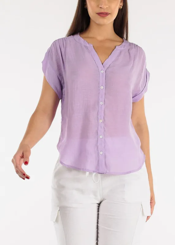 Cap Sleeve Button Up Round Hem Shirt Lavender sold by Moda