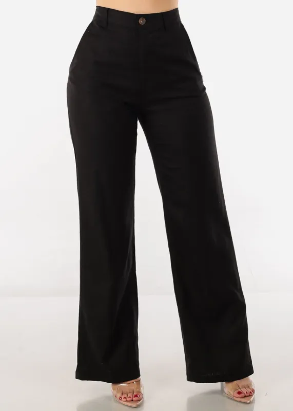 Black High Waist Straight Wide Leg Linen Pants sold by Moda