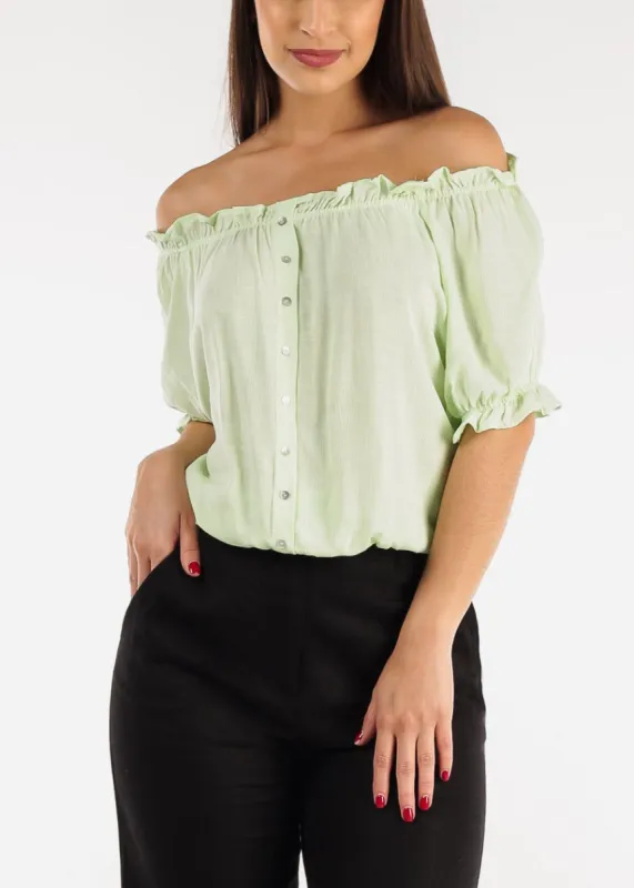 Off Shoulder Button Front Rayon Top Mint sold by Moda