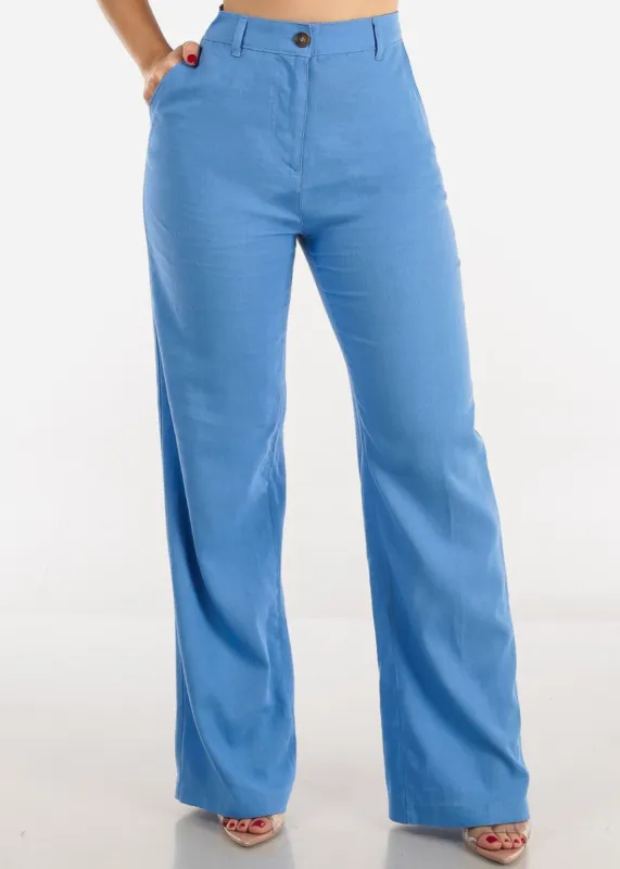 High Waist Straight Wide Leg Linen Pants Blue sold by Moda