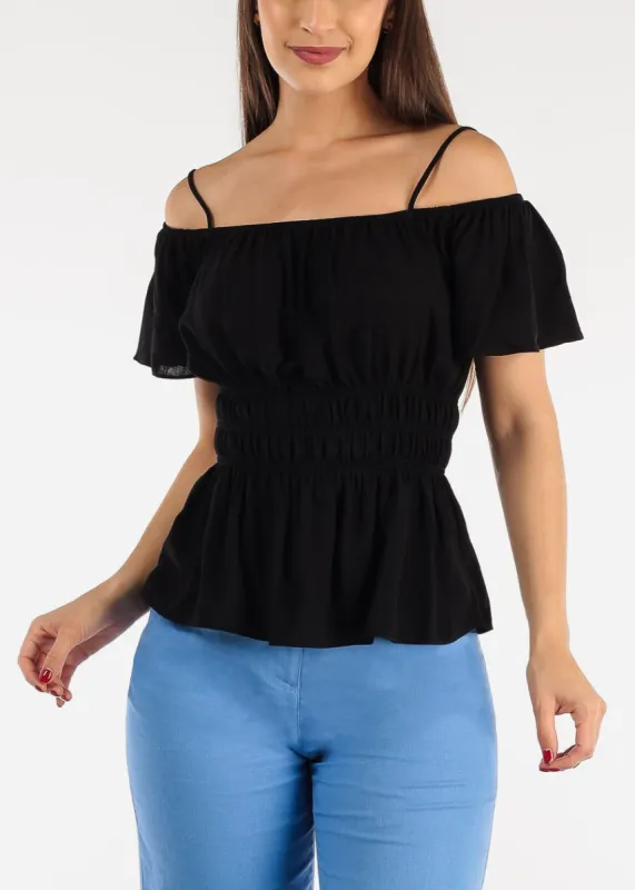 Black Cold Shoulder Smocked Waist Woven Top sold by Moda