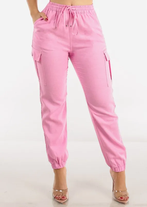 High Rise Linen Drawstring Waist Cargo Joggers Pink sold by Moda