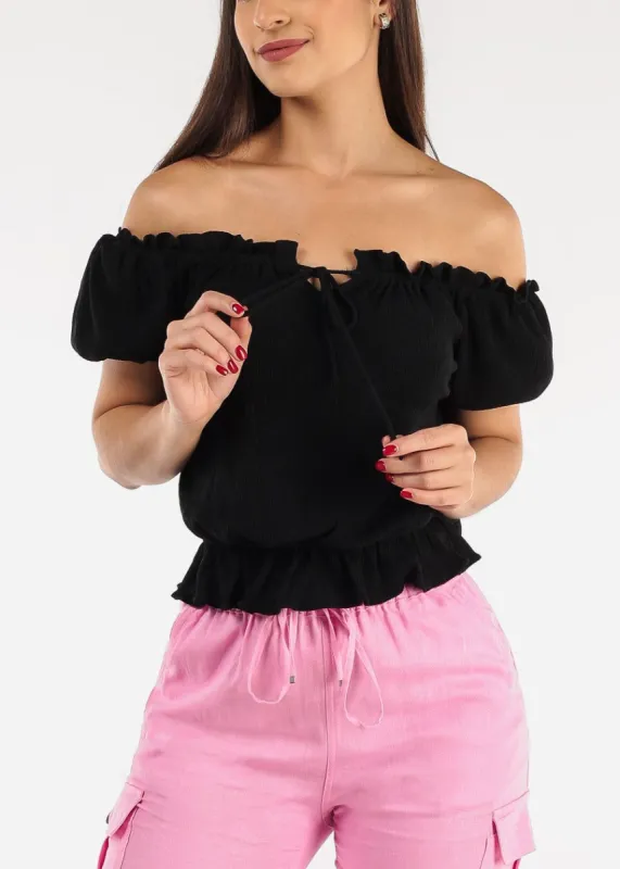 Off Shoulder Elastic Waist Woven Top Black sold by Moda