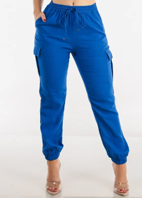 High Rise Linen Drawstring Waist Cargo Joggers Blue sold by Moda