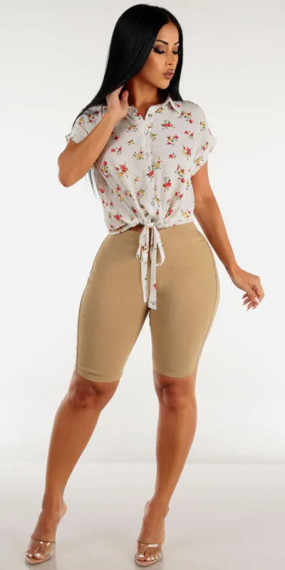 Khaki Hyper Stretch Bermuda Shorts with White Short Sleeve Button Up Floral Shirt sold by Moda