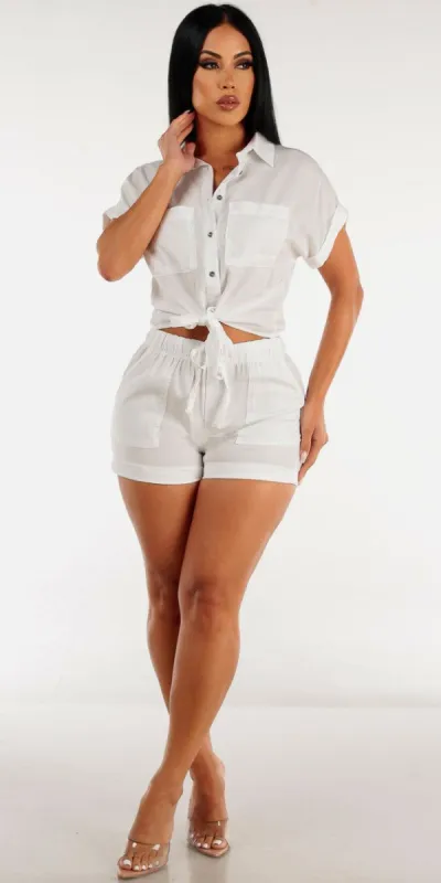 White Drawstring Waist Tencel Shorts with Button Up Tie Front White Blouse sold by Moda