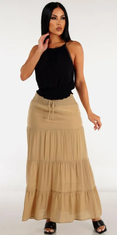 Khaki Smocked Waist Maxi Skirt with Black Halter Strap Neck Crop Top sold by Moda